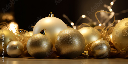 Elegant, luxury , Golden Christmas balls or bauble with confetti, decoration, lights, bokeh. Christmas and New year card. Holidays background with copy space. Generative ai.