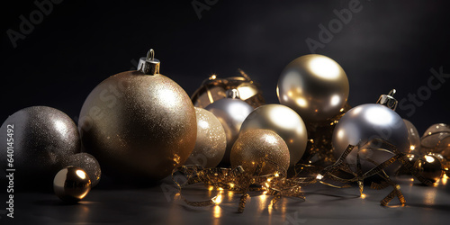 Close up of christmas balls or bauble with confetti, decoration, lights, bokeh. Christmas and New 2024 year card. Holidays background with copy space. Generative ai.