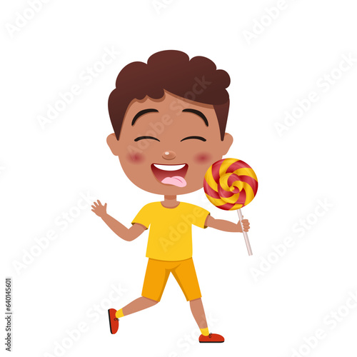 child licks lollipop. happy cute little kid boy and girl eat candy and sweets. Unhealthy eating. Lollipop. Handsome black skin boy. African American people