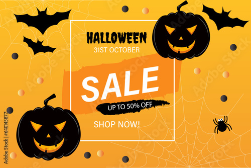 Advertising orange banner for Halloween autumn sale, poster with halloween 31 st October sale up to 50 percent off shop now inscription, placard decorated with pumpkins spider and flying bats.