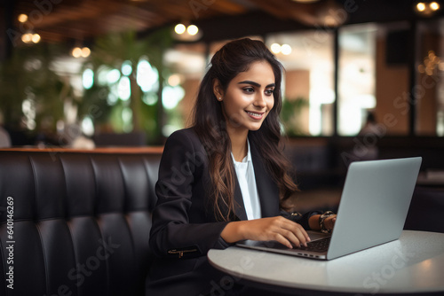 Fototapete Young indian businesswoman or corporate employee using laptop