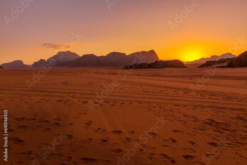 Wadi Rum, Jordan desert landscapeat sunset. The Valley of the Moon and UNESCO World Heritage Site.