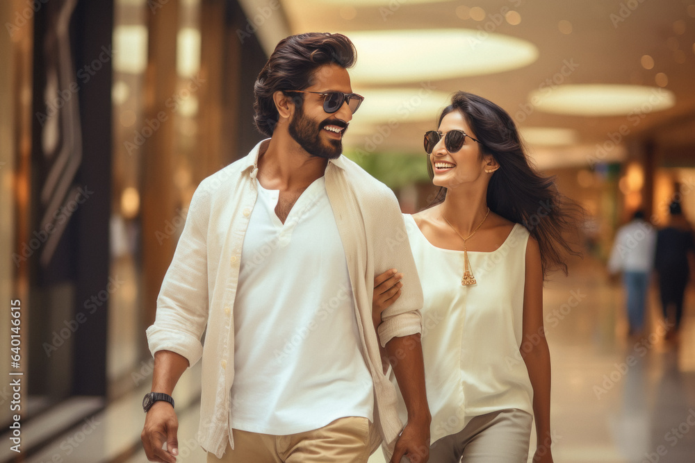 Young indian couple walking together at shopping mall.
