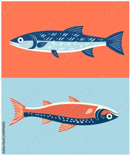 Fish in retro- illustration design. Bold colours. Wood print style. AI generated digital design. 