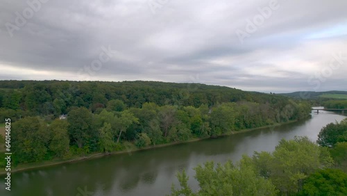 Drone reveal aerial of the Susquehanna in Nineveh and Afton NEW York. Bridge. photo