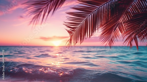 Close up of palm leaves with sunset sea in soft tones. Beautiful nature background. © ant