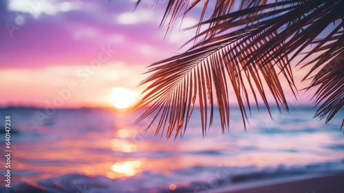 Close up of palm leaves with sunset sea in soft tones. Beautiful nature background.
