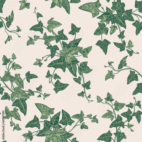 Seamless pattern with branches of English ivy. Vegetable background. Vector plant illustration. Green. Vintage. Colorful.