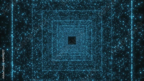 Movement through an abstract gloomy tunnel with a black void at the end. A tunnel formed by squares of colored particles.