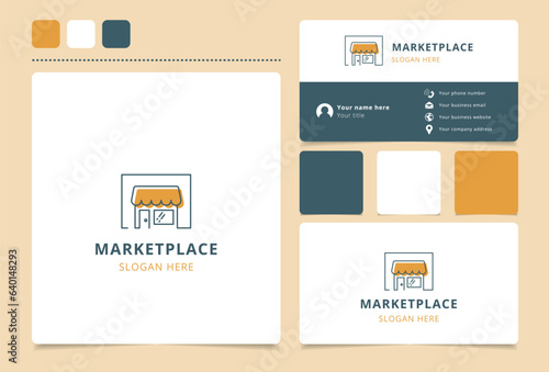 Marketplace logo design with editable slogan. Branding book and business card template.