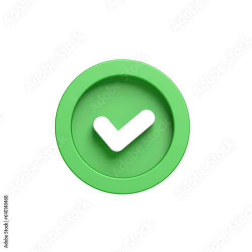 Green check mark. Isolated. Tick symbol. Circle. 3d illustration.