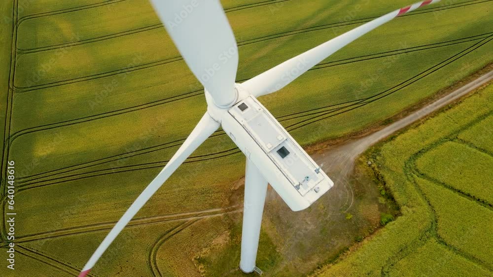 Wind turbines produce energy in wheat field close up, modern green renewable plant. Electricity, ecological saving and alternative power source