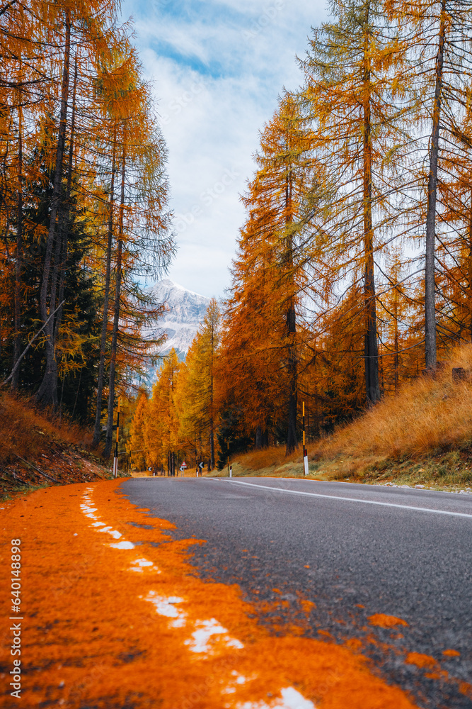 Autumn mountain road, landscape in The Dolomites South Tyrol Italy