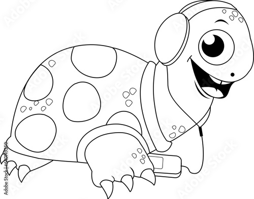 Cartoon turtle listening to music with headphones. Vector black and white coloring page.