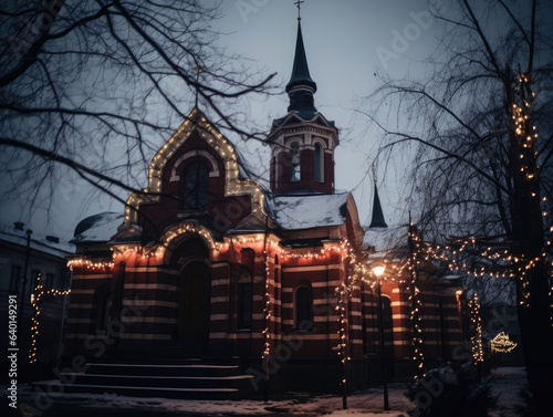 church in night with Christmas decorations