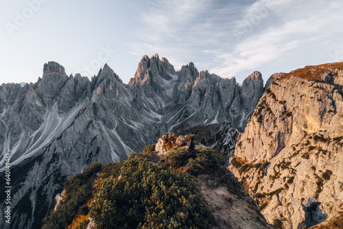 Aerial Photo Cadini di Misurina peaks, Auronzo, Tre Cime, Dolomites Italy photo