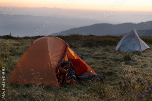 tourist tents on the background of a mountain landscape