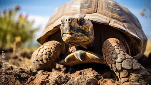 a wise old tortoise slowly making its way across a rocky terrain, its wrinkled skin and unhurried pace embodying the concept of patience in the animal kingdom.  photo