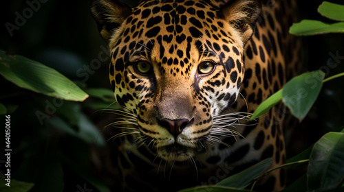 a stealthy jaguar prowling through the dense Amazon rainforest  its spotted coat blending seamlessly with the shadows. 