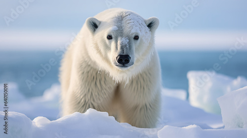 a curious polar bear cautiously exploring the Arctic ice, its fluffy coat glistening with frost. 