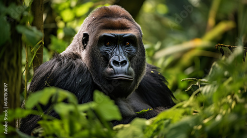 a stoic gorilla sitting amidst the jungle foliage, its calm demeanor masking the strength within its powerful frame