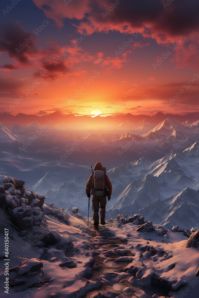 Hiker in the mountains at sunset