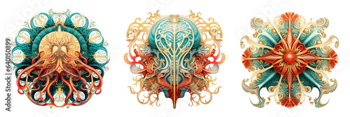 Detailed small organisms in teal, coral and gold on transparant background. Vintage drawing style. 