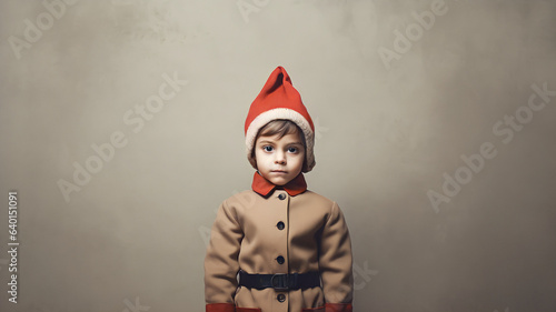 A little boy standing in front of a minimalistic background with Christmas costume 