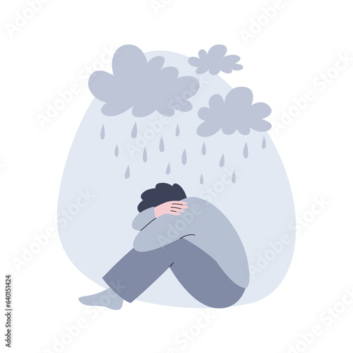 Sad man sitting under rain cloud. Illustration of depression. Flat vector illustration of mental disease