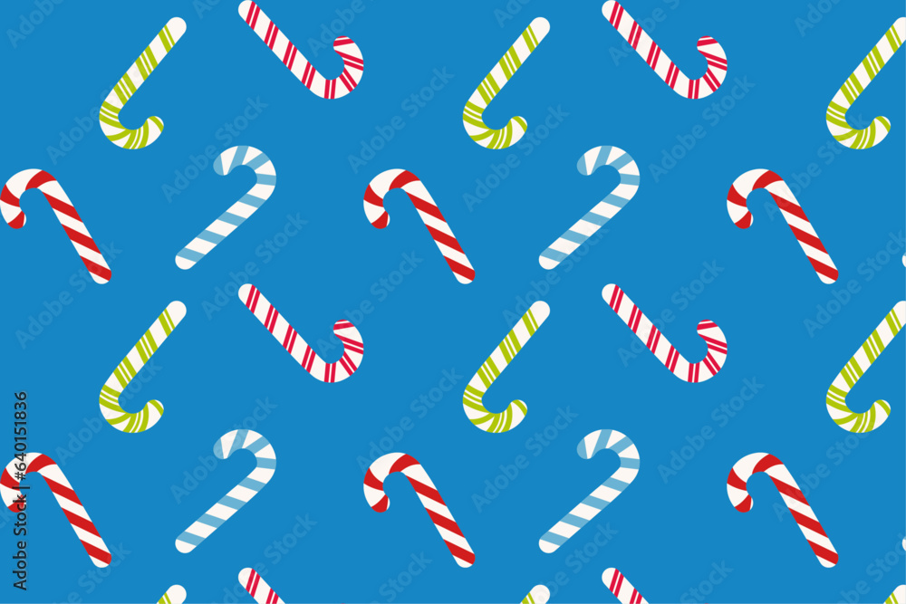 seamless pattern with New Year's candy canes on a blue background, vector pattern with candy sticks