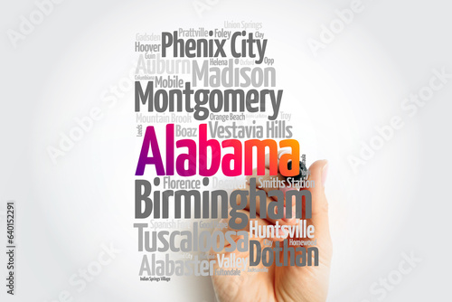 List of cities in Alabama USA state, map silhouette word cloud map concept photo