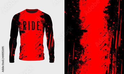Long sleeve jersey red black grunge texture for extreme sport, gym, racing, cycling, motocross, enduro. Vector backdrop