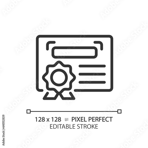 2D pixel perfect editable black diploma simple icon, isolated vector, thin line document illustration.