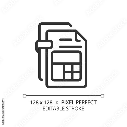 2D pixel perfect editable black income tax report simple icon, isolated vector, thin line document illustration.