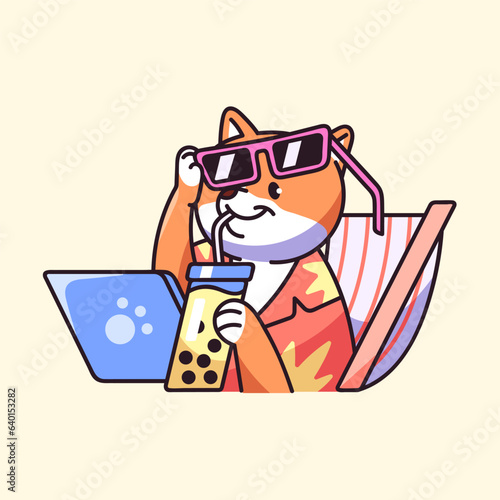 Cute dog on remote, online work concept. Fluffy shiba relax in sunglasses with laptop on deck chair, funny puppy on freelance. Kawaii pup on the beach, summer rest. Flat isolated vector illustration