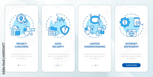 2D icons representing voice assistant mobile app screen set. Walkthrough 4 steps blue graphic instructions with thin line icons concept, UI, UX, GUI template.