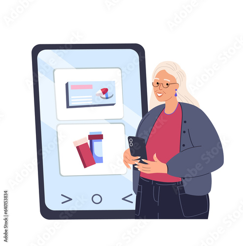 Online shopping .Pensioner Elderly Woman with mobile phone,smartphone,ordering Pharmacy in internet store,ordering shoes in online chemist's shop,digital market.Flat vector illustration isolated