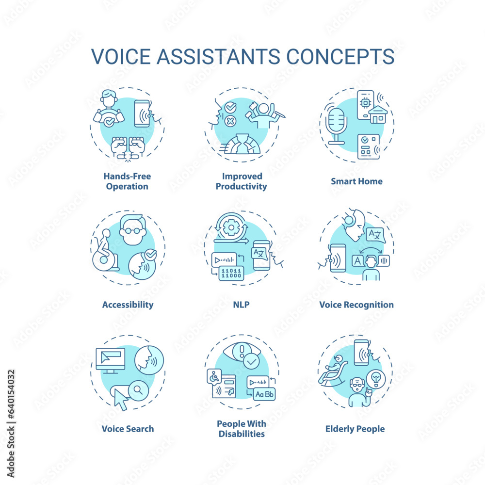 2D editable blue icons set representing voice assistants concepts, isolated vector, thin line illustration.