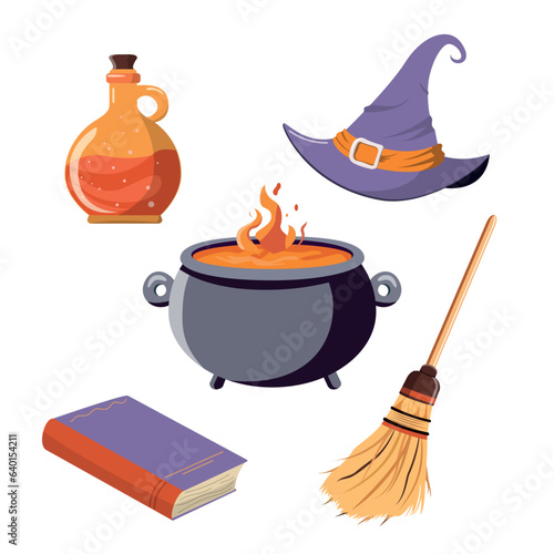 Halloween set with magic witch items. Magic objects for witchcraft. Stickers collection. Isolated on white background.