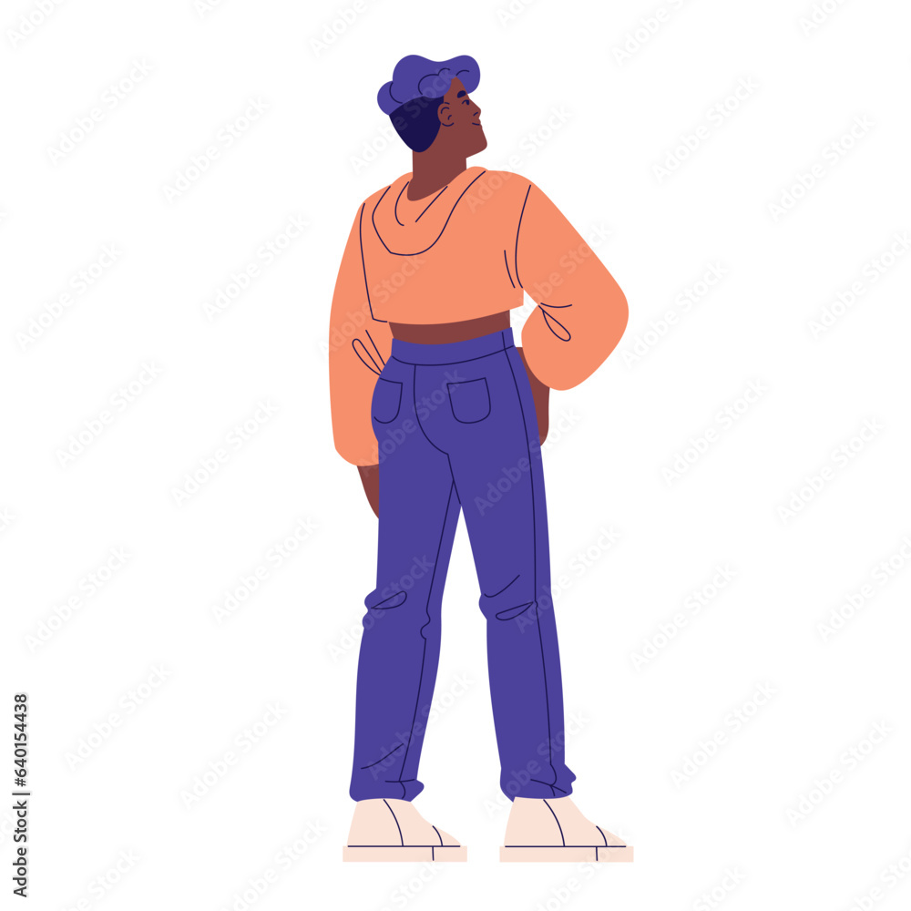 Black woman in cropped hoody standing, back view. Happy girl in hoodie smile. Person with short haircut in casual urban outfit, youth clothing. Flat isolated vector illustration on white background Black woman in cropped hoody standing, back view. Happy girl in hoodie smile. Person with short haircut in casual urban outfit, youth clothing. Flat isolated vector illustration on white background
