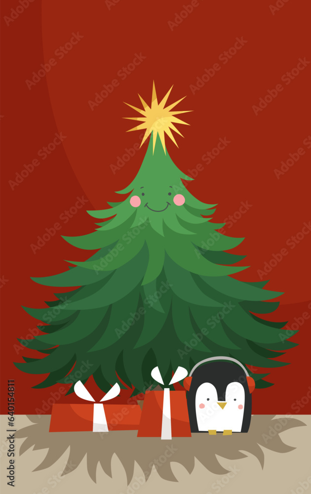 Naklejka premium Christmas celebration. Illustration of the Christmas tree, gifts and cute penguin in headphones