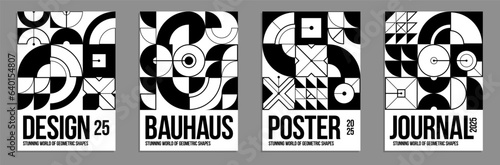 Abstract geometric black and white posters and covers set, vector background pattern magazine or catalog templates, monochrome technic style geometric shapes composition.