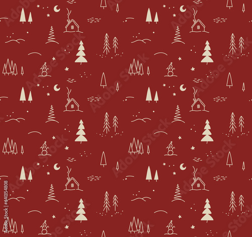 Seamless pattern. Illustration of the winter countryside landscape with mountains, trees and houses
