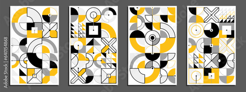 Abstract geometric posters and covers set, vector background pattern magazine or catalog templates, technic style geometric shapes composition.