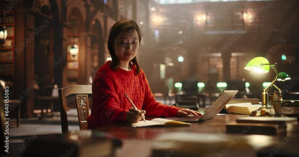 Happy and Focused Asian Student Studying in a Traditional Library. Young Female Using Laptop Computer to Work on an University Research Project, Read Academic Books and Journals Online Happy and Focused Asian Student Studying in a Traditional Library. Young Female Using Laptop Computer to Work on an University Research Project, Read Academic Books and Journals Online