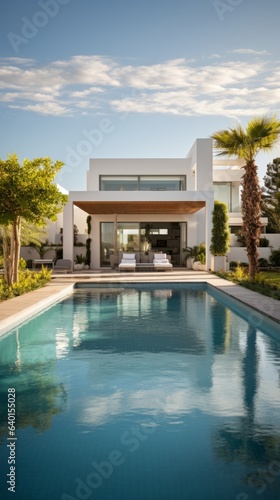 Contemporary Villa with Pool and Garden. Generative AI © BraveSpirit