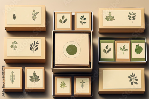 Visual mock up representing sustainable brand eco-friendly business cards and packaging