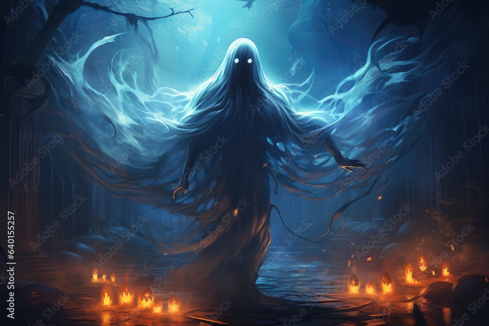 Mystery scary ghost with halloween background. Generative AI