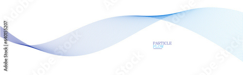 Blue airy particles flow vector design, abstract background with wave of flowing dots array, digital futuristic illustration, nano technology theme.