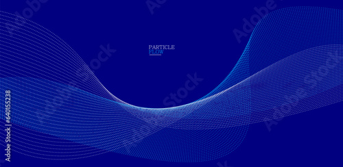 Dark blue abstract background, vector wave of flowing particles, curvy lines of dots in motion, technology and science theme, airy and ease futuristic illustration.